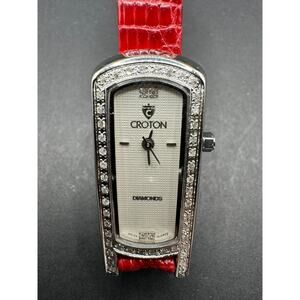 CROTON Diamonds Sapphire Glass Stainless Steel Women's Watch Red Lizard Band